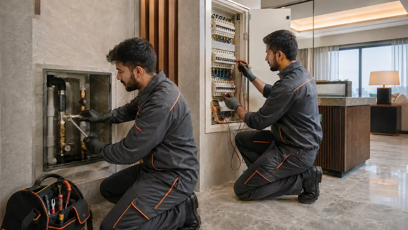Professional technical services team working inside a Dubai property