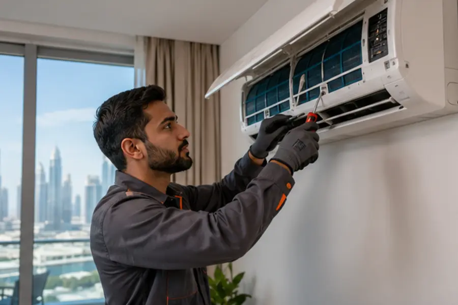 AC technician servicing a wall-mounted cooling unit