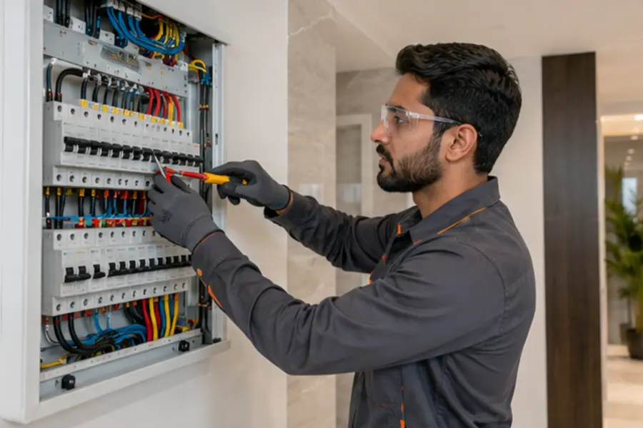 Professional electrician servicing an electrical panel