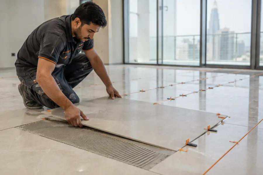 Flooring specialist installing large format tiles