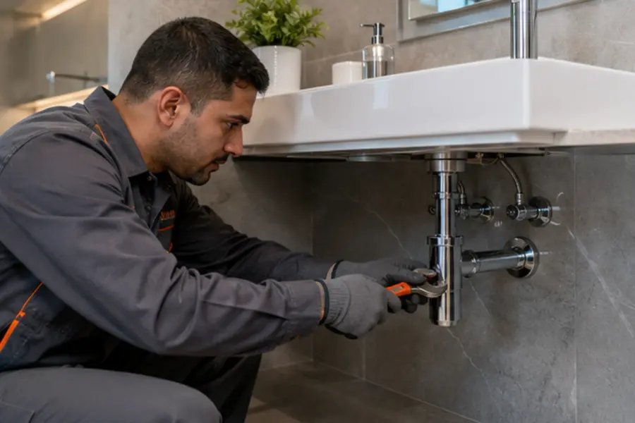 Professional plumber repairing a sink connection